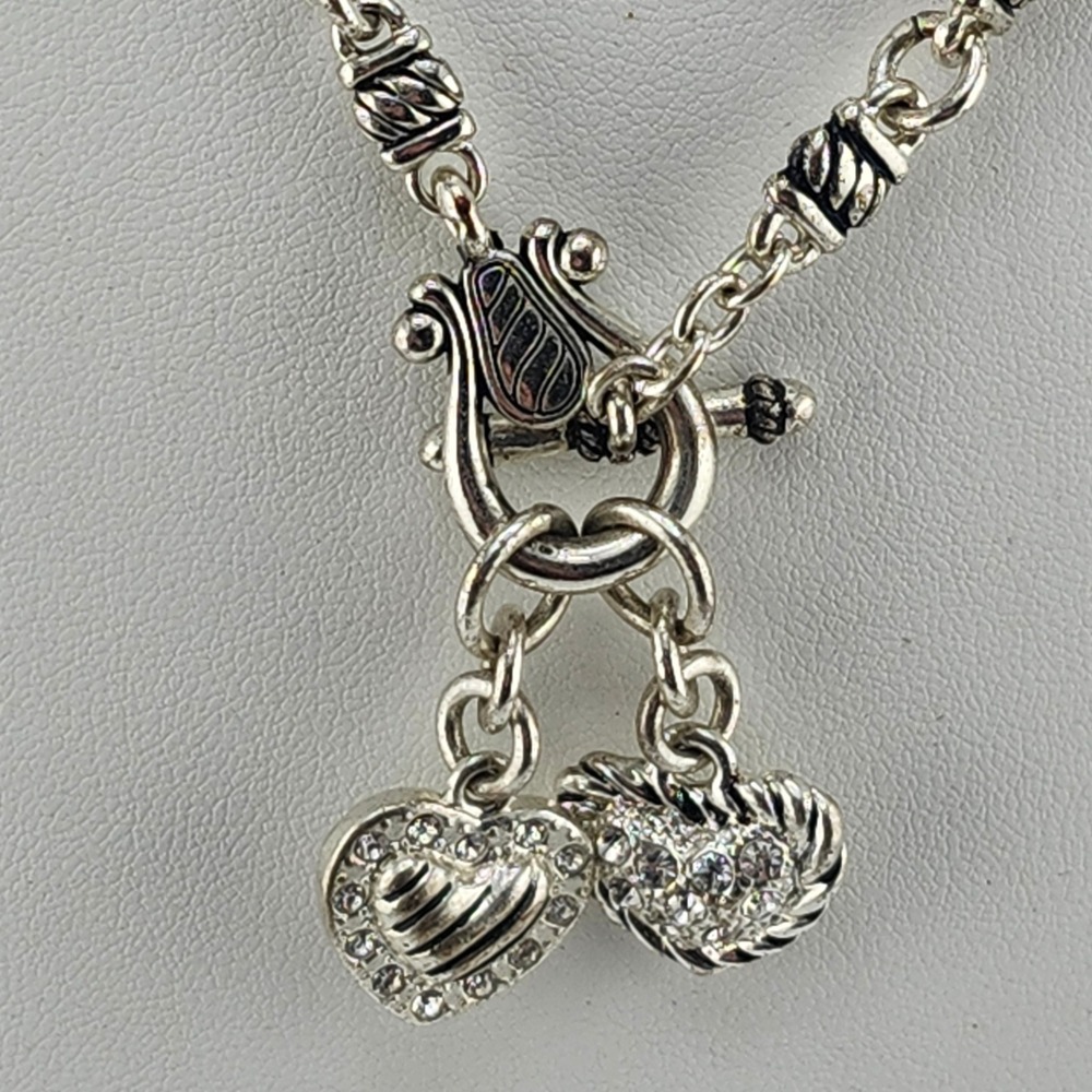 Silver Tone Toggle Necklace Heart Charms Rhinestone Pave‎ Designer Style